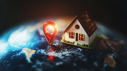 Poster - House symbol with location pin icon on earth in real estate sale or property investment concept