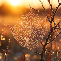 Sunrise illuminates a dewkissed spiderweb, showcasing natures intricate beauty.