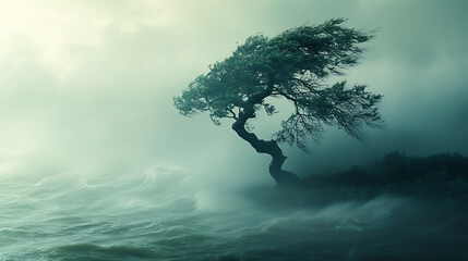 Aufkleber - Lonely tree in the fog fighting strong wind