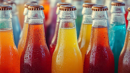 Poster - Lots of bottles of cold fruit water, tea or sodas with large drops of condensation on them, a refreshing drink