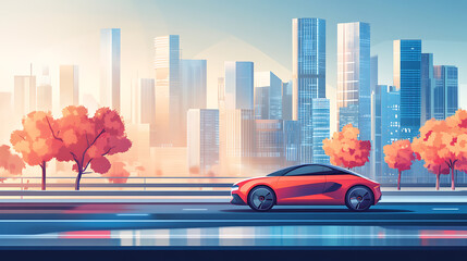 Aufkleber - Illustration of a cityscape with electric vehicle, highlighting eco-friendly transportation and sustainable urban planning in a modern metropolis