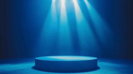Poster - Blue illuminated empty pedestal, spotlight, stage, platform, round base, dark background, studio, display, product, presentation.