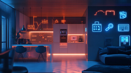 Poster - Luminous smart home icons on the background of the kitchen and living room, concept of automation and hi tech, 3d rendering toned image double exposure