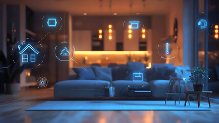 Aufkleber - Luminous smart home icons on the background of the kitchen and living room, concept of automation and hi tech, 3d rendering toned image double exposure
