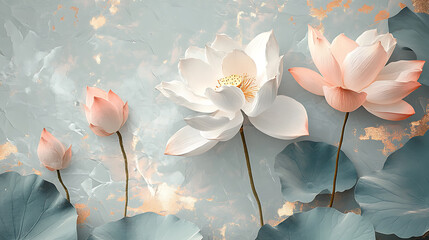 Poster - Illustration of pink and white lotuses, dried plant, luxury color combination, turquoise, herbarium, crumpled paper, abstract pattern, golden glow, foliage, gray pastel background, flowers, 3d artwork