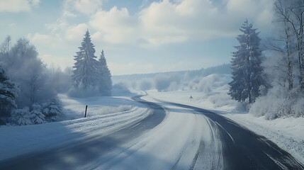 Poster - In a winter landscape in germany, a road covered in snow and trees covered in snow