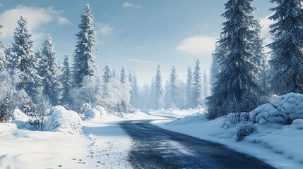 Aufkleber - In a winter landscape in germany, a road covered in snow and trees covered in snow