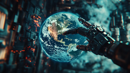 Poster - In this model, there is a robotic arm interacting with the 3d earth on the center of a hud screen and artificial intelligence controls the global network, robot hand pointing at earth in cyber space