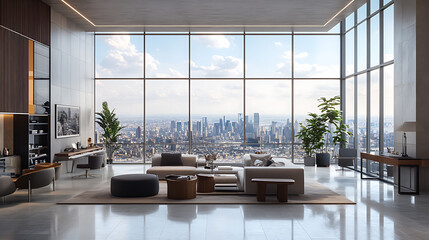 Poster - Luxury light office interior with furniture and panoramic windows with city view and daylight, 3d rendering