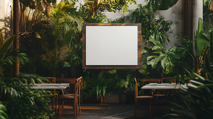 Aufkleber - Indoor garden restaurant scene with blank white menu mockup amidst lush greenery