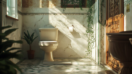 Poster - Luxury wall hung toilet bowl, closed seat with dual flush, reeded glass partition, bidet, tissue paper holder