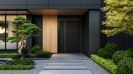 Poster - Main entrance door, white front door with landing in minimalist style home cottage house