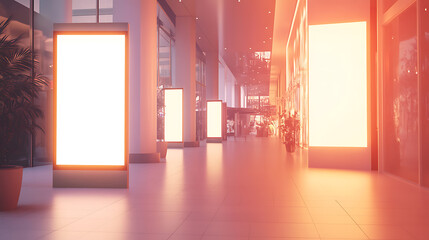 Poster - mall interior with vertical advertising billboard mockup and warm ambient light, consumerism and adv