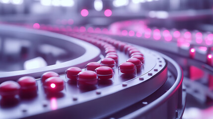 Poster - Medicine tablets are bottled on a conveyor belt of a pharmaceutical factory production line