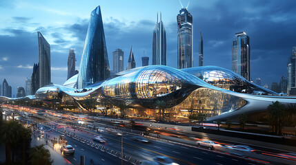 Poster - Metro railway among among glass skyscrapers in dubai, traffic on street in dubai, museum of the future in dubai, cityscape skyline, urban background