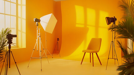 Poster - Interior of modern photo studio with chair and professional equipment, yellow tones
