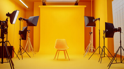 Poster - Interior of modern photo studio with chair and professional equipment, yellow tones