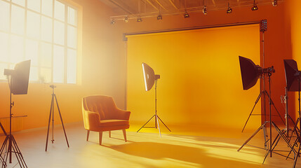 Poster - Interior of modern photo studio with chair and professional equipment, yellow tones