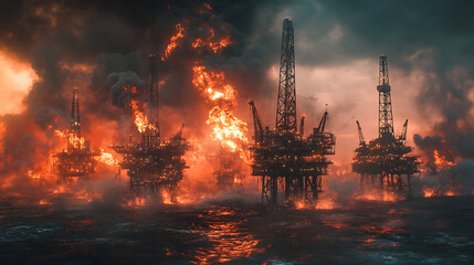 Poster - International war on oil prices worldwide, pump rig, pumpjack, oil and gas production, crude oil, global crisis, drilling derricks, fossil fuels, gasoline concept