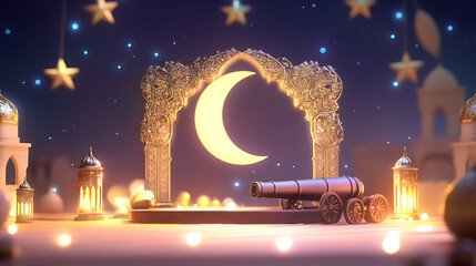 Poster - Islamic display podium decoration background with arabic window, beautiful muslim invitation with ramadan, eid mubarak, religion background