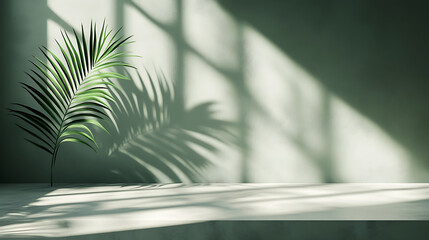 Aufkleber - Minimal abstract background for a product presentation, a green palm shadow on the wall, an empty table with soft shadows