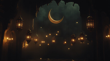 Poster - Islamic holiday ramadan kareem event background, decorate with arabic lantern, moon, crescent, and mosque dome