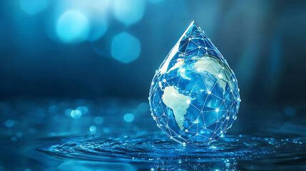 Poster - Isolated illustration of an abstract earth globe in a drop of water, world water day, low poly style design, geometric background, wireframe light connection structure, modern 3d graphic