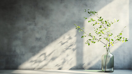 Aufkleber - Minimalist living room decor with green branch in glass vase and concrete wall, modern home interior design with copy space