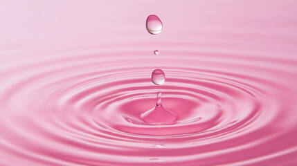 Poster - Close up of water droplets falling into a pink liquid creating ripples in a circular pattern