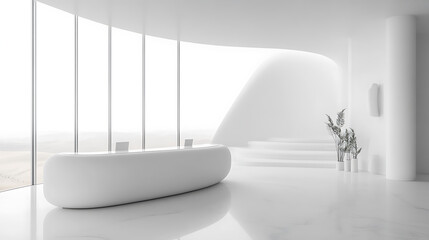 Poster - Minimalist office lobby with white reception desk and large windows, modern design