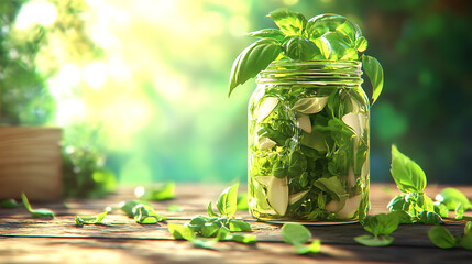 Poster - Jar filled with green basil leaves pesto and garlic