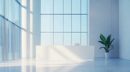 Poster - Minimalist office lobby with white reception desk and large windows, modern design