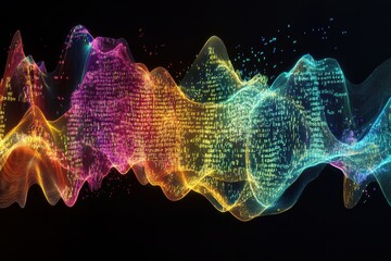 Poster - Colorful digital waveforms representing sound waves and data flow in a dark background
