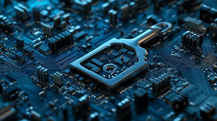 Poster - Key icon on digital circuit board background, digital security and data protection concept