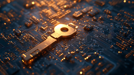 Poster - Key symbol on the electronic circuit, cyber security concept