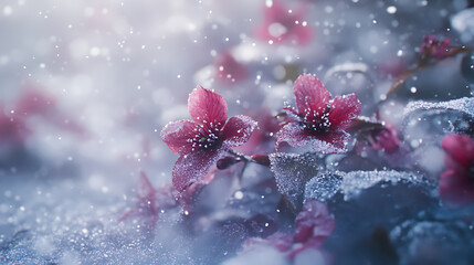 Poster - Misty with white and purple red flowers, covered with snow with plum blossom petals