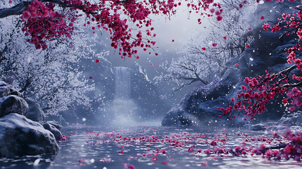 Aufkleber - Misty with white and purple red flowers, covered with snow with plum blossom petals