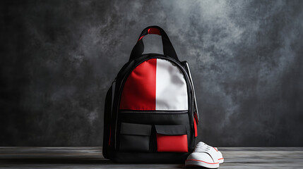 Aufkleber - Mockup of a black, white, and red backpack with schoolbags and shoes inside, pack pouch designs