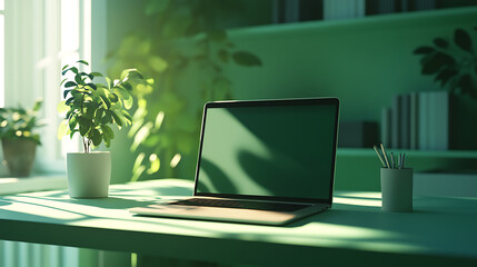 Poster - Laptop on desk in modern green office