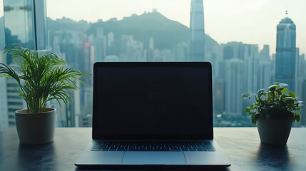 Aufkleber - Laptop with blank screen on table in office with city view, mock up