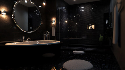 Poster - Modern bathroom interior design featuring round mirror, dark tiles, and lighting