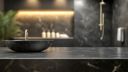 Aufkleber - Modern bathroom interior in black color, empty marble table top for product display with blurred bathroom interior background