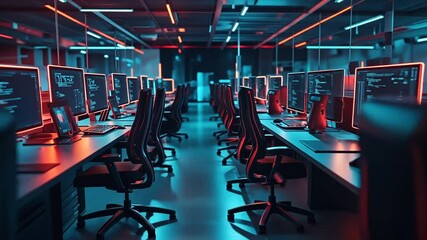 Poster - Modern Neon Cyberpunk Office Interior With Glowing Technology Elements Generative AI