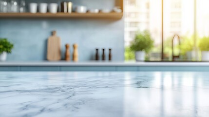 Aufkleber - Bright Modern Kitchen Countertop White Marble Texture Clean Design Minimalist Style Home Interior Background Empty Surface Space Product Placement    