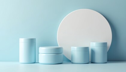 Poster - Cosmetic containers displayed against pastel backdrop. Blue jars, bottles, white circle create sleek minimalist design. Product presentation beauty care concept, suitable for product promotion,