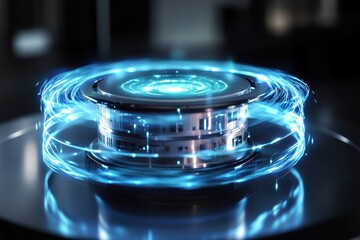 Poster - exciting futuristic energy device generating light and power in a sleek environment