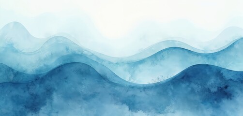 Poster - Watercolor illustration of blue sea waves. Abstract wavy pattern ocean, water surface. Teal shades with artistic design. Smooth gradient transition from dark blue to white, create light, airy