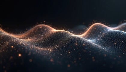 Poster - Abstract futuristic digital wave with connecting dots lines on dark background. Wave particles flowing, tech design for AI, big data, network, innovation. Modern technology backdrop, digital space.