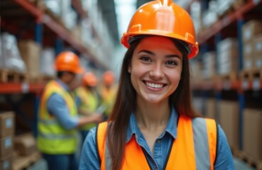 Poster - Smiling warehouse worker in logistics center. Female worker in safety vest, hard hat looks at camera. Logistic, delivery, distribution, storage and online order processing. Worker, industrial, retail.