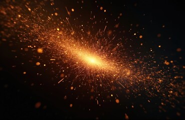 Poster - Fiery sparks, embers fly against dark background. Bright light effect, burst of energy, with orange, gold tones. Inferno, explosion, blaze, inferno. Great for tech, science, space themed projects.